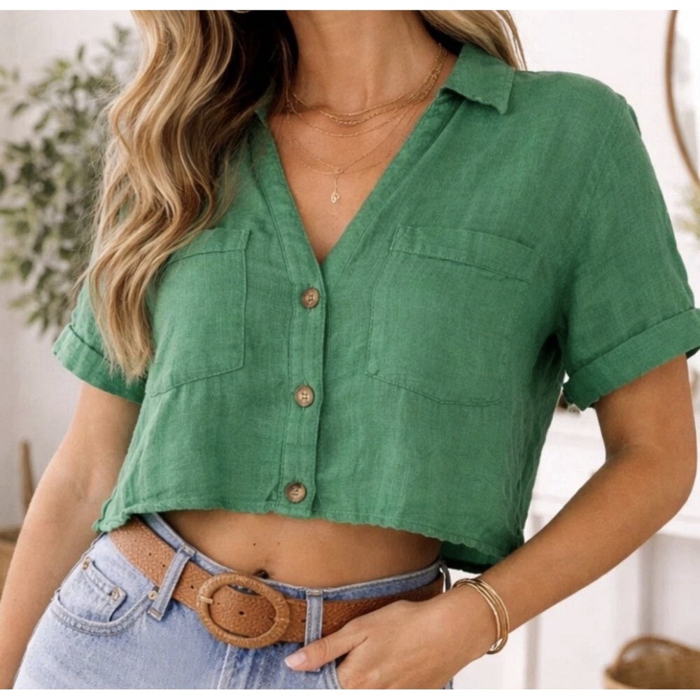 NWT ZARA Green Linen Crop Top Medium Button Front Short Sleeve